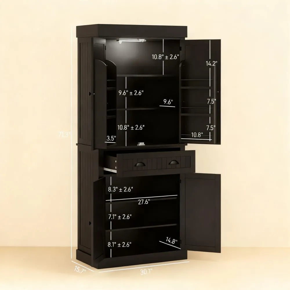 71" Large Pantry Cabinet, 6-Door & Drawer Design with LED Lights
