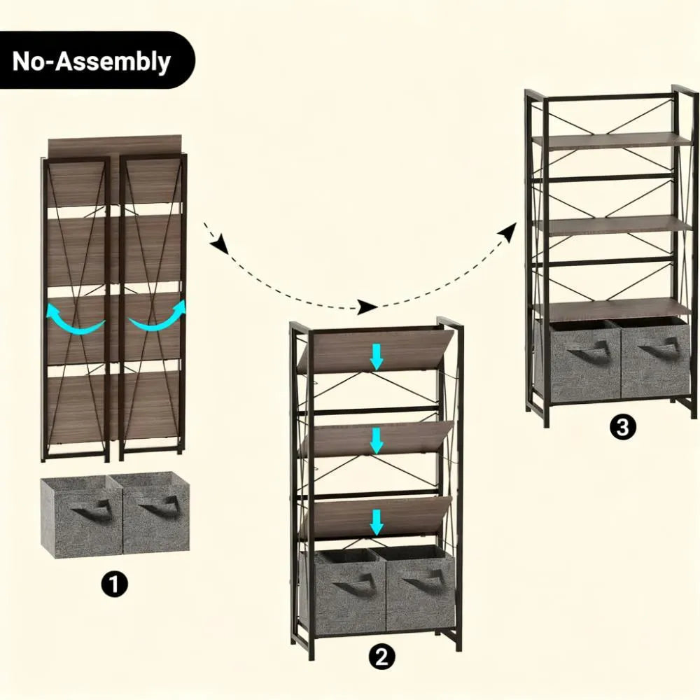 4-Tier Foldable Bookcase with Storage Drawers