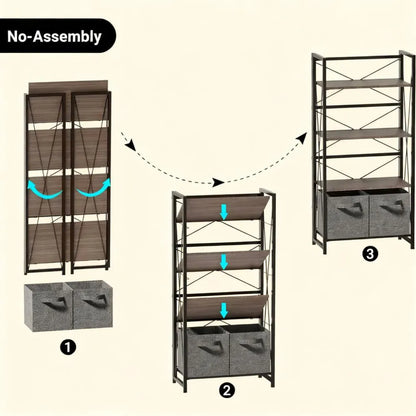 4-Tier Foldable Bookcase with Storage Drawers