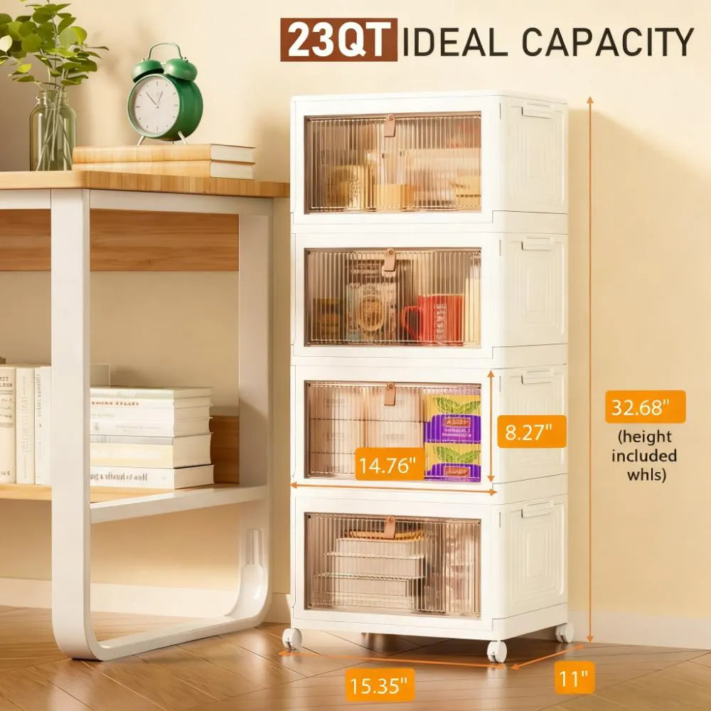 4-Tier Storage Bins with Wheels, 23QT Stackable & Collapsible
