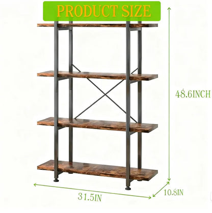 4-Tier Industrial Bookshelf, Rustic Brown Open Storage Shelf