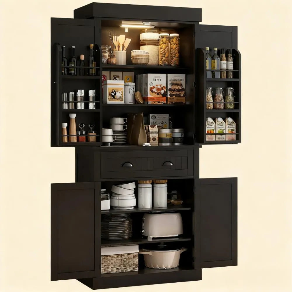 71" Large Pantry Cabinet, 6-Door & Drawer Design with LED Lights
