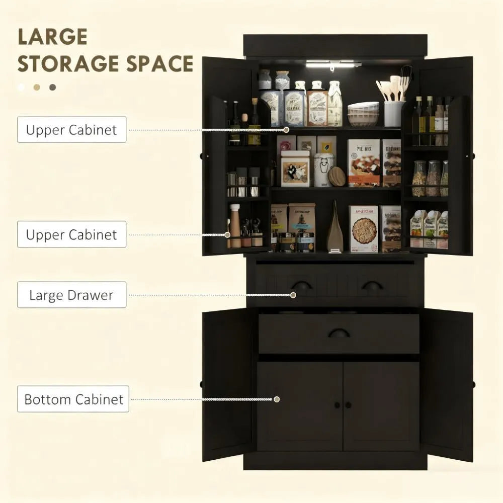 71" Large Pantry Cabinet, 6-Door & Drawer Design with LED Lights