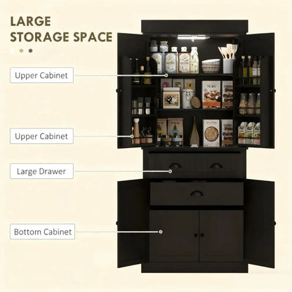 71" Large Pantry Cabinet, 6-Door & Drawer Design with LED Lights