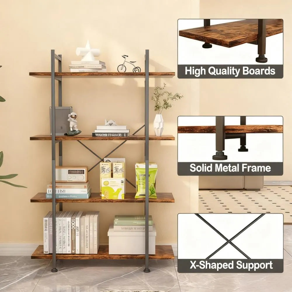 4-Tier Industrial Bookshelf, Rustic Brown Open Storage Shelf