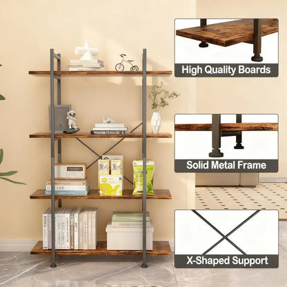 4-Tier Industrial Bookshelf, Rustic Brown Open Storage Shelf