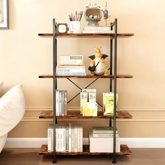 4-Tier Industrial Bookshelf, Rustic Brown Open Storage Shelf