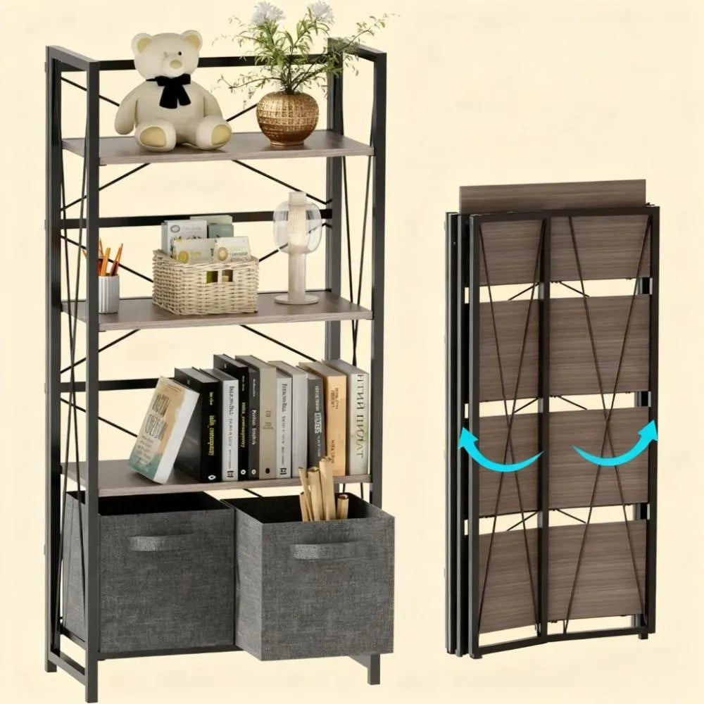 4-Tier Foldable Bookcase with Storage Drawers