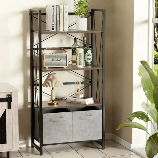 4-Tier Foldable Bookcase with Storage Drawers