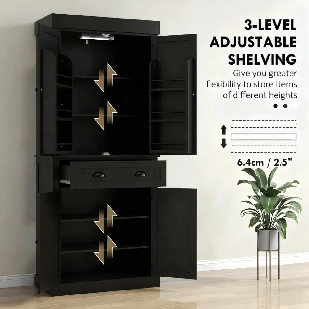 71" Large Pantry Cabinet, 6-Door & Drawer Design with LED Lights